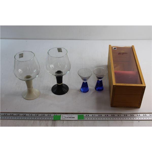 (2) Wine Glasses, (2) Liquor Shots and Liquor Storage Box