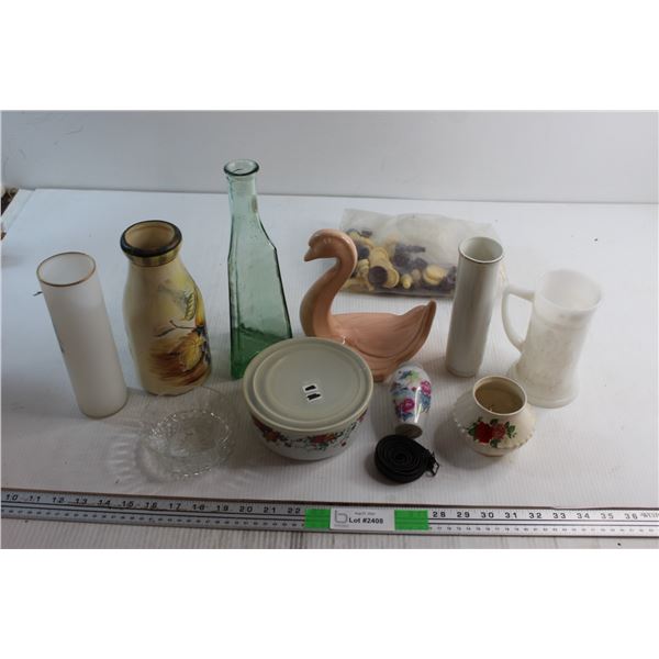 Chess and Checkers Pieces, (3) Vases, Belt and Assorted Items