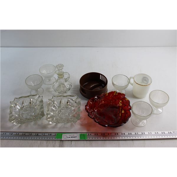 (2) Ashtrays, Vinegar Jug, Mug and Assorted Glass Items