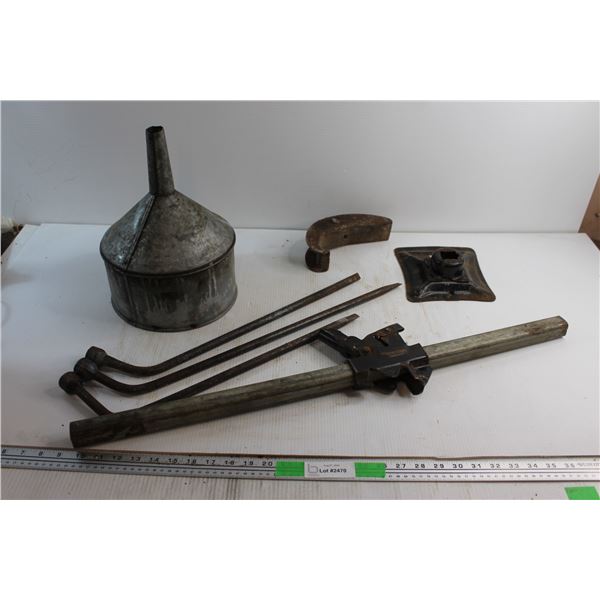 (3) Tire Wrenches, Metal Funnel and Car Jack