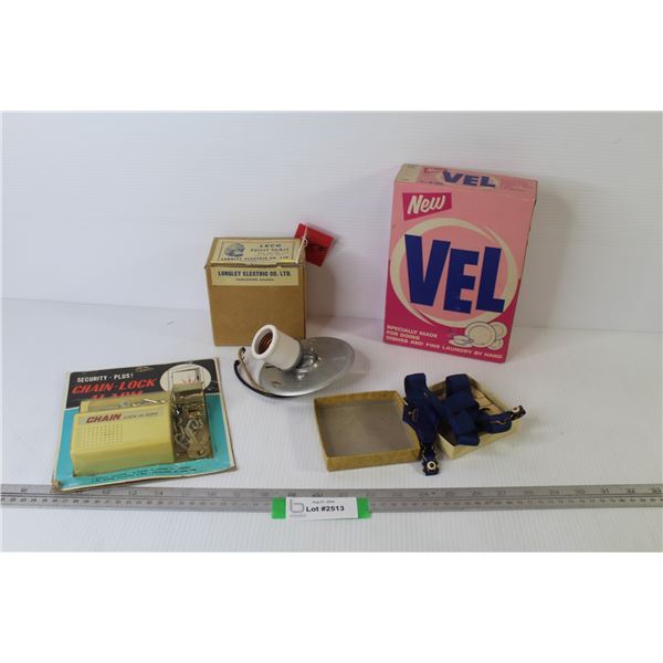 Vintage Vel Dish & Laundry Soap - Chain-Lock Alarm - Swivel Light Socket - Sock Garters