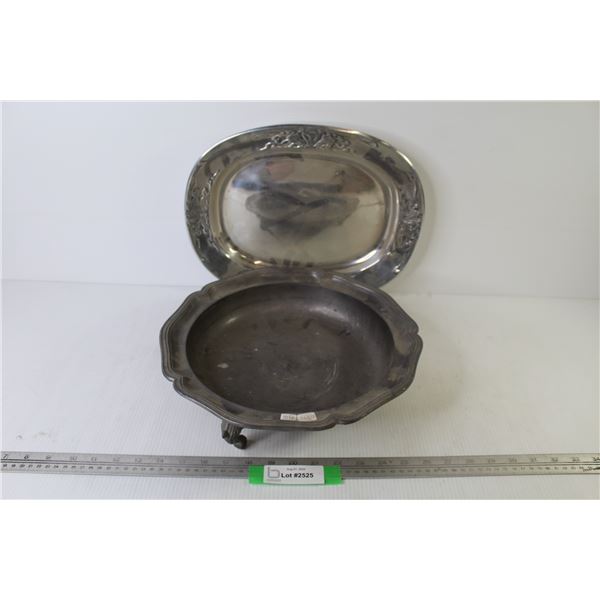 Sandcast Aluminum Platter - Pewter Footed Serving Dish