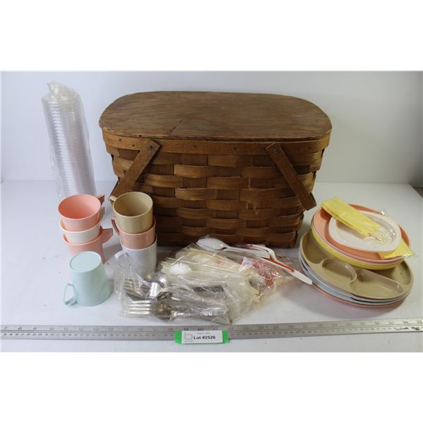 Vintage Woven Wood Picnic Basket - Plastic Plates - Plastic & Metal Cutlery - Plastic Cups