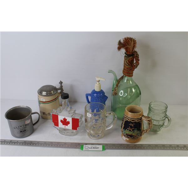 Wine Bottle - (2) Steins (one is chipped) - Canadian Syrup Bottle - Metal Clinton Whisky Cup - Soap 