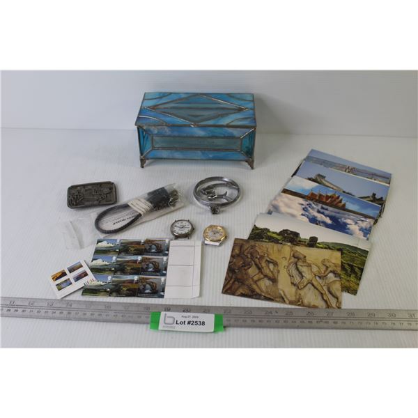 Stained Glass Trinket Box - Postcards - Lock w/Key - (2) Watch Heads - Case Belt Buckle - Stamps - C