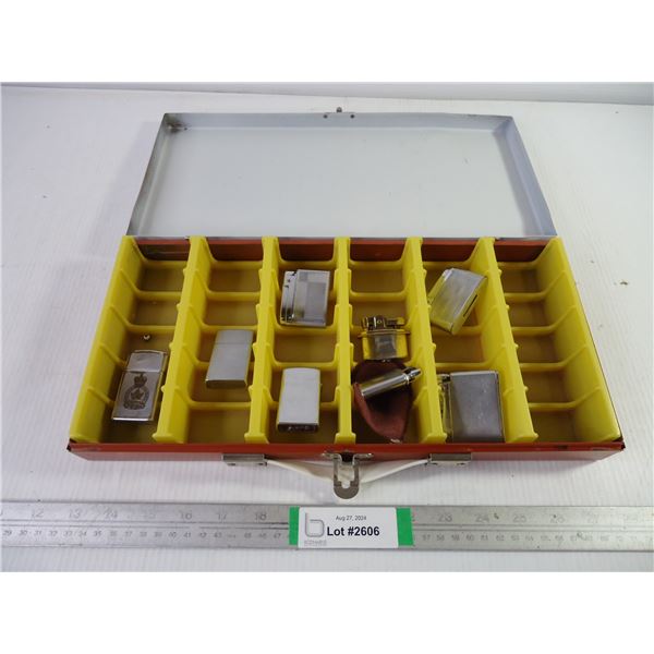 Small Metal Case Containing (8) Vintage Butane Lighters-untested-as is