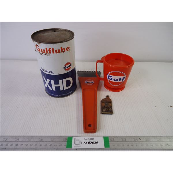 (4) Assorted Gulf Oil Items-Oil Can, Scraper, Coffee Mug Key Chain
