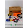 Image 1 : Mouton-Cadet Wine Two Bottle Gift Box, (4) Toy Cars, Nerf Gun, Justice League Toy, Assorted Kids Toy