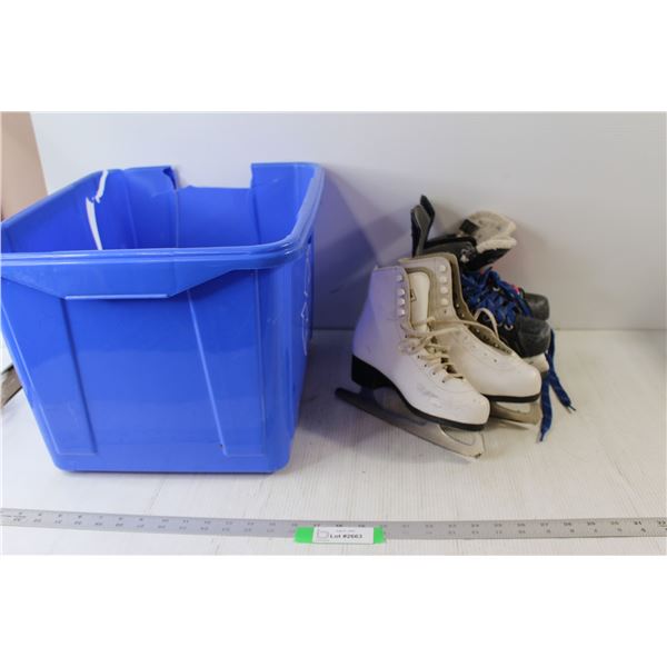 Pair of Fila Size 3 Figure Skates, Pair of Bauer Size 2 Hockey Skates, Blue Recycling Bin