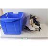 Image 1 : Pair of Fila Size 3 Figure Skates, Pair of Bauer Size 2 Hockey Skates, Blue Recycling Bin