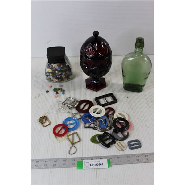 Assorted Vintage Belt Buckles, Glass Liquor Rum Bottle, Ruby Red Glass Egg Shaped Candy Jar, Assorte