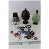 Image 1 : Assorted Vintage Belt Buckles, Glass Liquor Rum Bottle, Ruby Red Glass Egg Shaped Candy Jar, Assorte