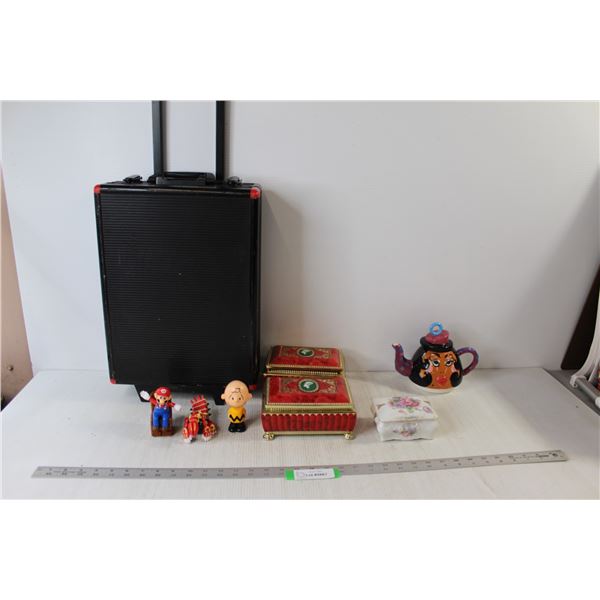 Women Teapot, Pink Floral Painted Jewelry Box, (2) Blue Bird Confectionery Candy Tin, Charlie Brown 