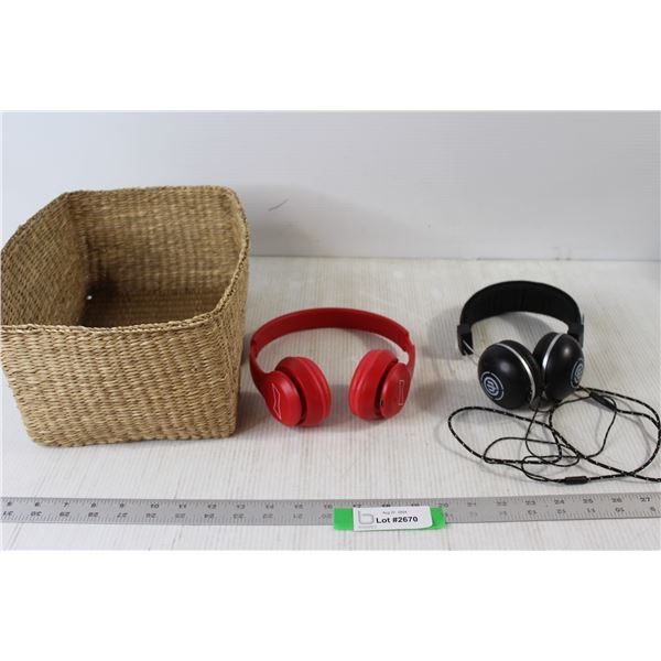 Wicked EVAC Headphones - tested Works, Red Wireless Headphones - Untested, Wicker Basket