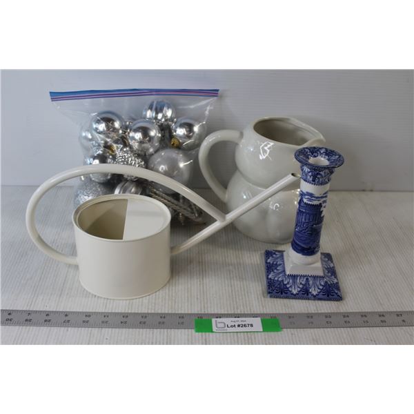Watering Can, Pitcher With Owl Design, Assorted Christmas Holiday Ornaments, Candlestick Holder