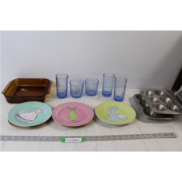 (3) Rosanna Plates, (5) Blue Glass Cups, (2) Comet Muffin Trays, Anchor Hocking Ovenware Dish