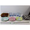 Image 1 : (3) Rosanna Plates, (5) Blue Glass Cups, (2) Comet Muffin Trays, Anchor Hocking Ovenware Dish