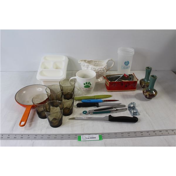 (2) Small Vases, Comfortable Can Opener, Pitcher, Mug, (4) Assorted Kitchen Knives, Small tongs, (5)