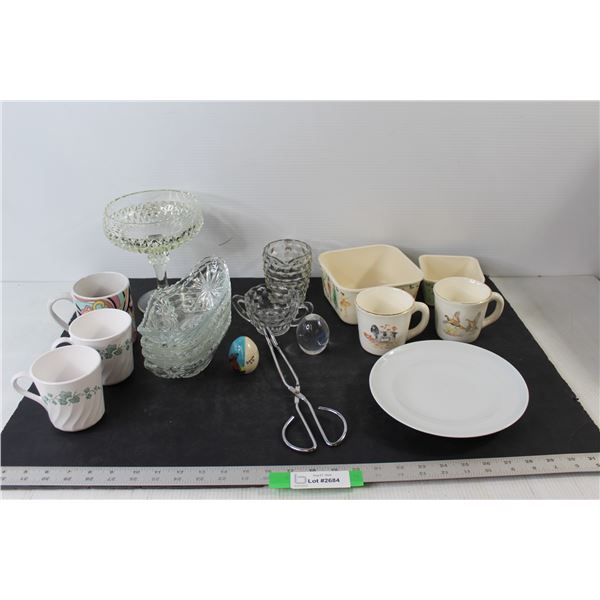 (2) Corningware Mugs, Gibson Mug, Footed Candy Dish, (4) Crystal Cut Glass Candy Dishes, Crystal Cut