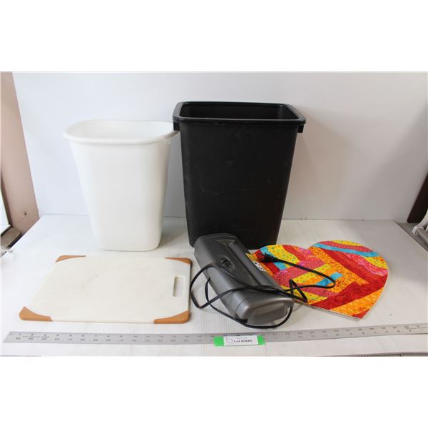 (2) Small Garbage Bins, Farberware Cutting Board, Shredmaster Paper Shredder - Tested Works, Heart S