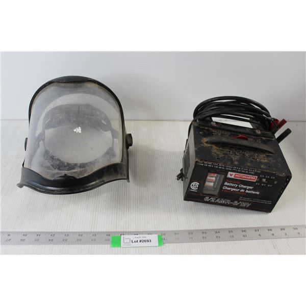 Welding/Grinding Helmet, Motomaster Car Battery Charger 6/2 Amp. 6/12V - Untested