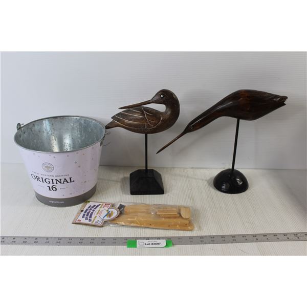 Original 16 Liquor Pale, Wooden Model Airplane Kit, (2) Wooden Bird Decoys
