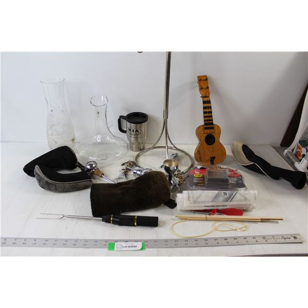 (2) Glass Vases, Small Clothes Rack, Mini Guitar (4) Gold Club Covers, Extendable Campfire Roasting 