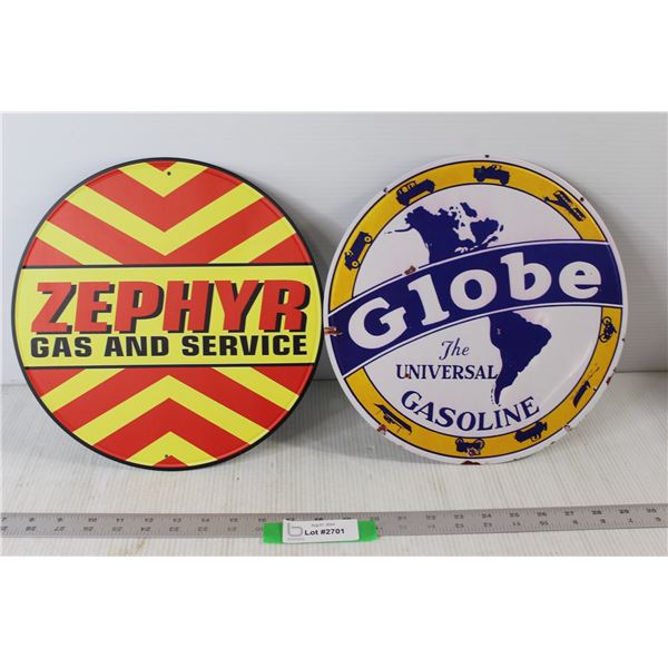 (2) Circular Metal Signs: Zephyr Gas and Service, Globe The Universal Gasoline