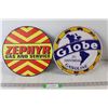 Image 1 : (2) Circular Metal Signs: Zephyr Gas and Service, Globe The Universal Gasoline