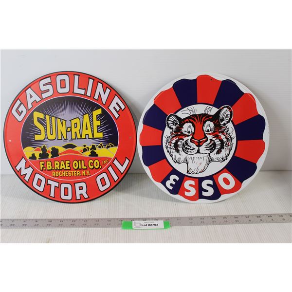 (2) Circular Metal Signs: Sun-Rae Gasoline Motor Oil, Esso
