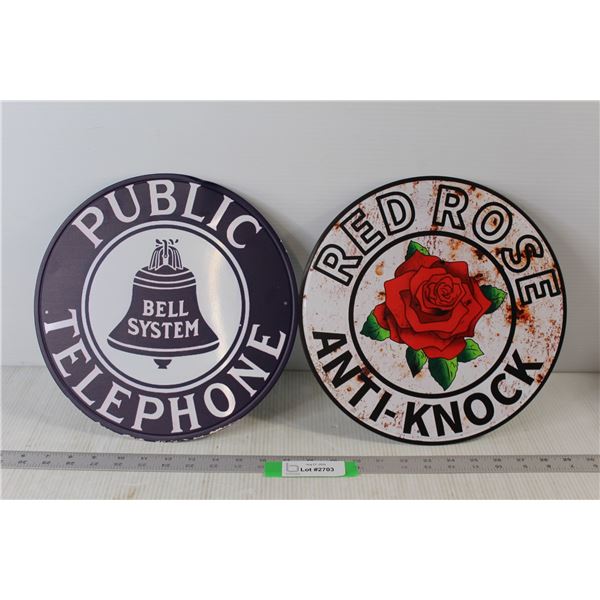 (2) Circular Metal Signs: Bell System Public Telephone, Red Rose Anti-Knock