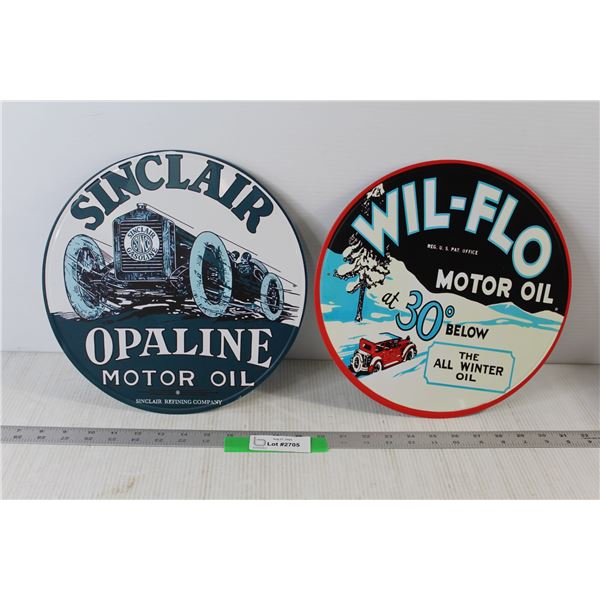 (2) Circular Metal Signs: Sinclair Opaline Motor Oil, Wil-Flo Motor Oil