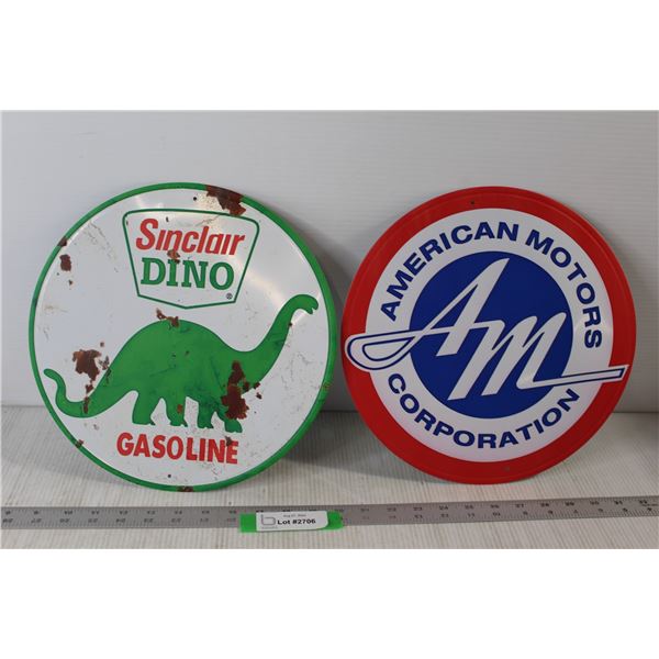 (2) Circular Metal Signs: Sinclair Dino Gasoline, American Motors Corporation