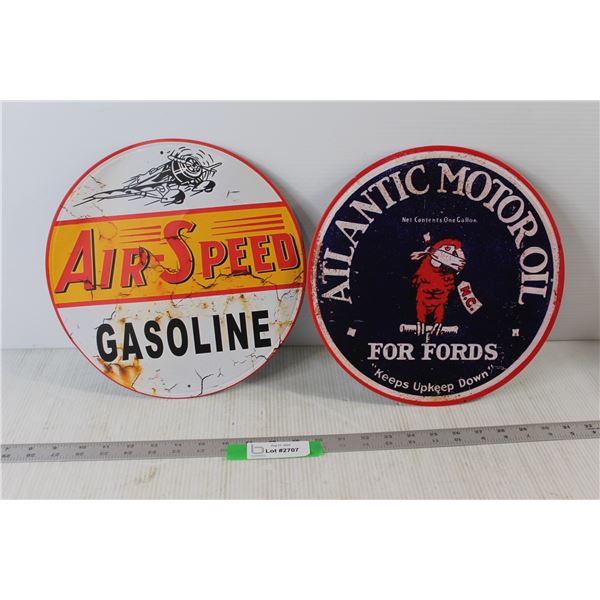 (2) Circular Metal Signs: Air-Speed Gasoline, Atlantic Motor Oil For Fords