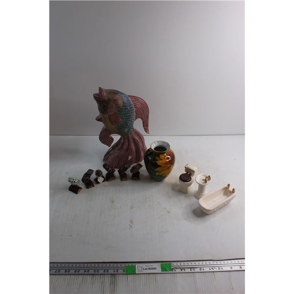 Ceramic Vase, Fish Statue, (6) Owl Figurines and Porcelain Decorations