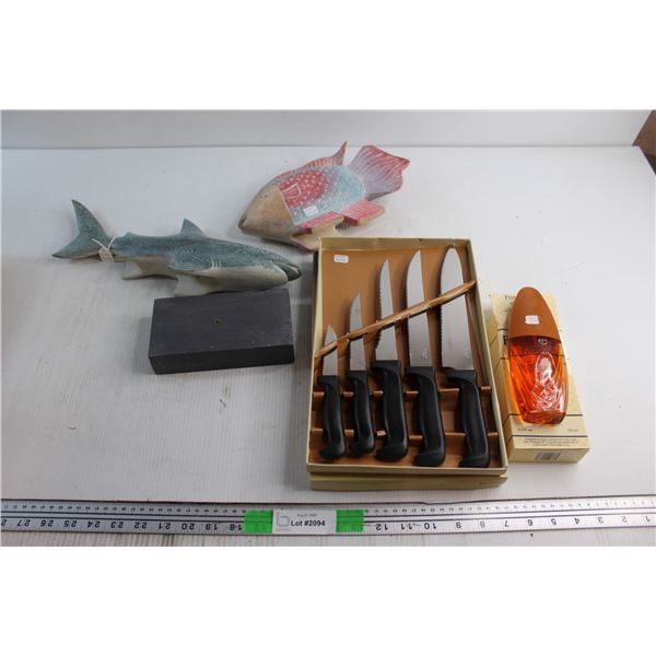 5 pc Cutlery Set, Wooden Fish and Shark Decorations and Possession Perfume