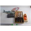 Image 1 : 5 pc Cutlery Set, Wooden Fish and Shark Decorations and Possession Perfume