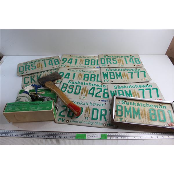 (10) Assorted Saskatchewan Licence Plates, Axe and Fertilizer Sprayer
