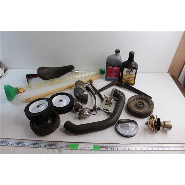 Bike Seat, 2 Cycle Oil and Hydraulic Jack Oil, Lawn Mover Wheels and Assorted Items