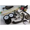 Image 4 : Bike Seat, 2 Cycle Oil and Hydraulic Jack Oil, Lawn Mover Wheels and Assorted Items