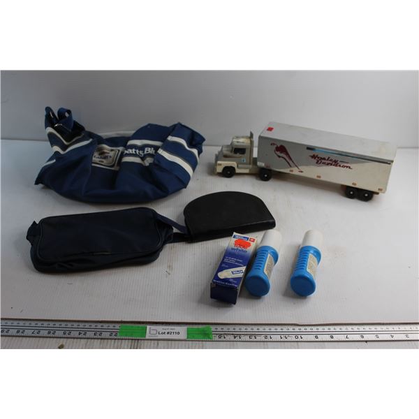 Wooden Truck Toy, Labatt's Blue Bag, (2) Tool Bags and Sneaker Care Accessories