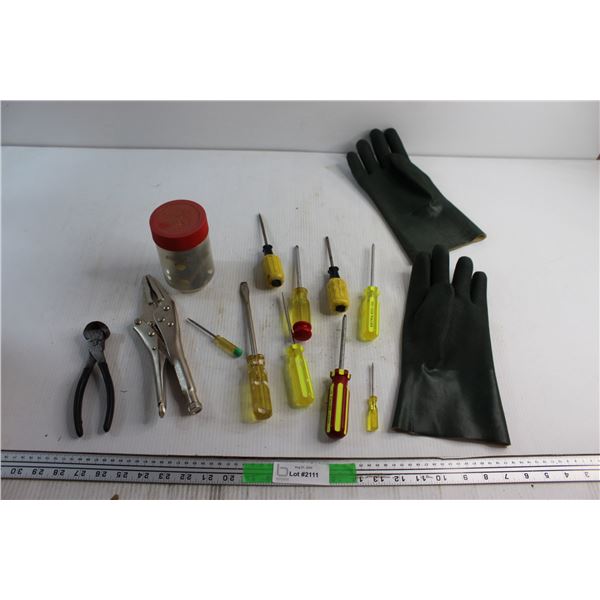 Rubber Gloves, (9) Screwdrivers and Assorted Items
