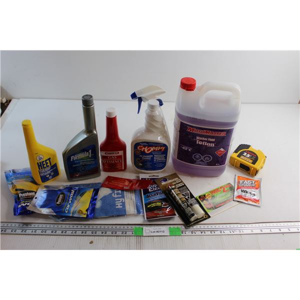 Assorted Automotive Liquids, Car Care Accessories, Gloves, Tape Measure and Plastic Tote