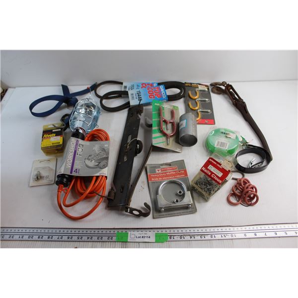 (2) Dayco Drive Belts, Globe Trouble Light, Heavy Duty Muffler Clamp and Assorted Items