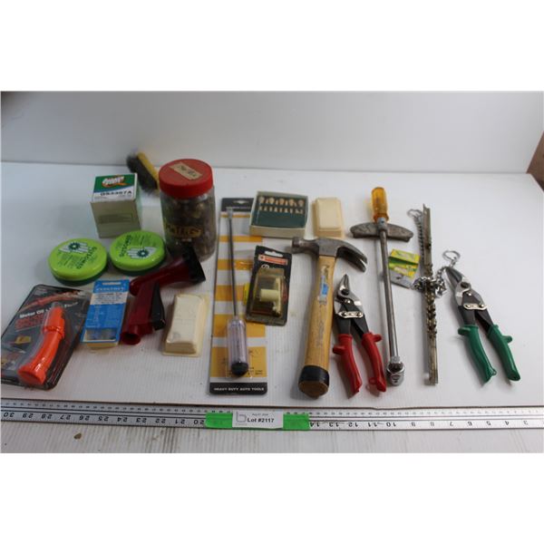 Hammer, Tin Snips, Oil Filters and Assorted Items