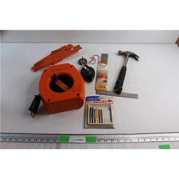 Hammer, Carpenter Square, Saber Saw Blade Set and Assorted Items
