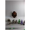 Image 1 : (3) Plastic Dinosaur Cups, (5) Assorted Porcelain Decorations and Photo Frame 12'' x 9''