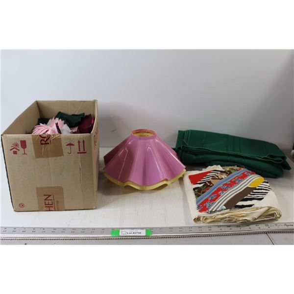 (2) Table Cloths, (2) Plastic Lamp Shades, Assorted Cloths and Pieces of Cloth