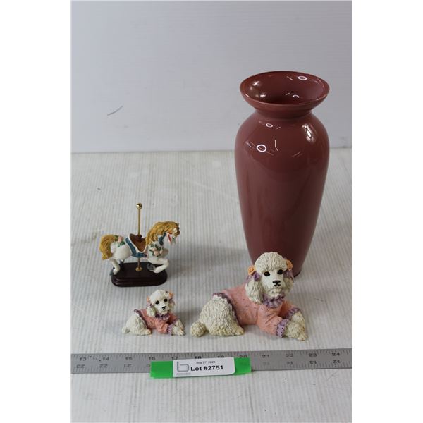 (2) Porcelain Poodles, Porcelain Carousel House, Vase