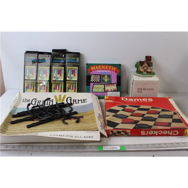 The Grain Game, (4) Set Of 5 Closet Hangers, Magnetic Compendium of 5 Games, Porcelain House, Checke